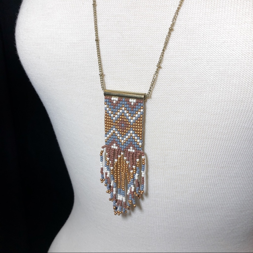 Southwestern Seed Bead Tassel Fringe Long Necklace - Picture 3 of 3